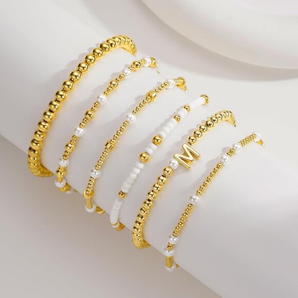 Beaded Initial Bracelets Set for Women Girls Gold Plated Stackable Jewelry - Picture 8 of 9
